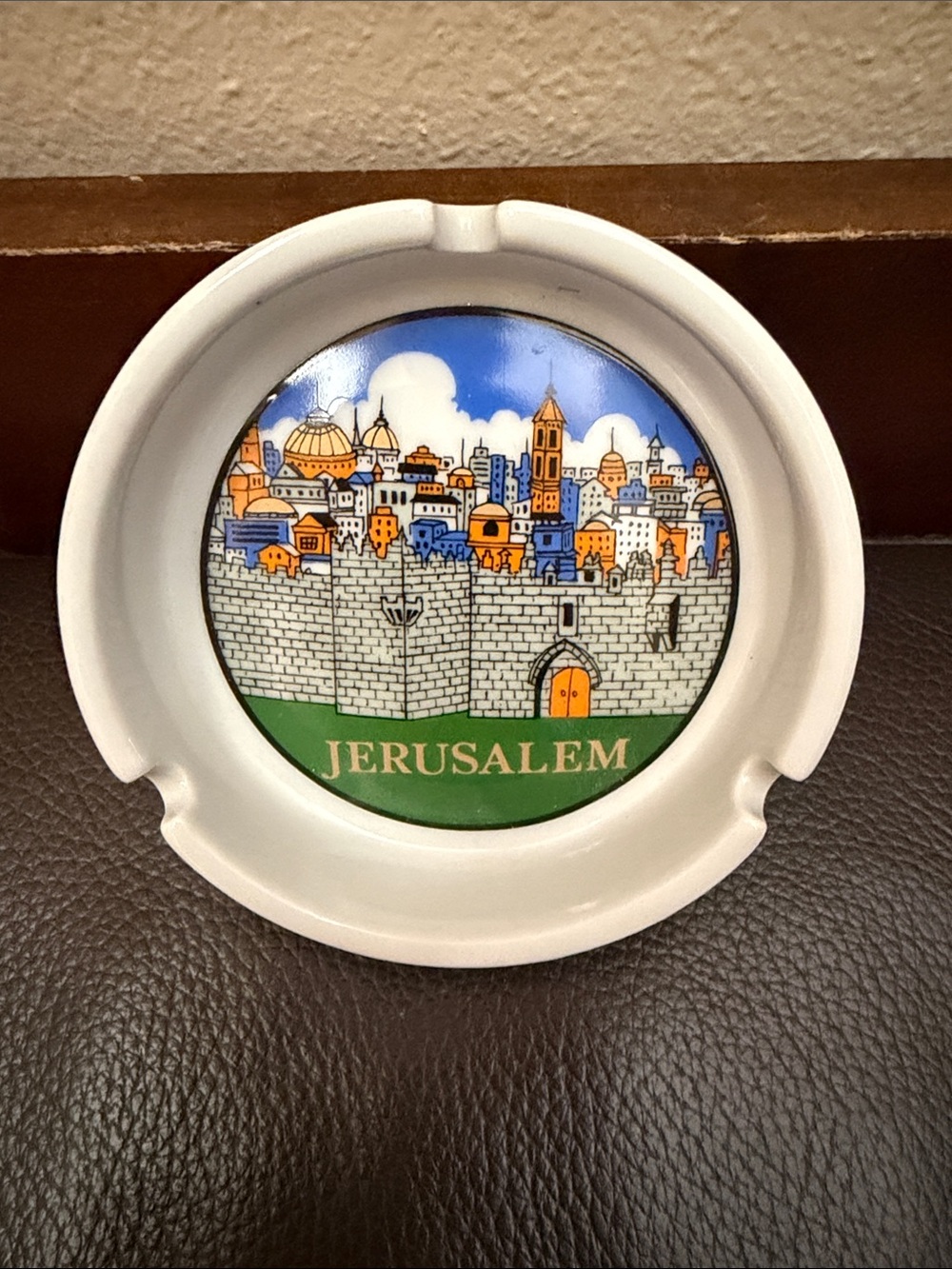 Vtg Ceramic Ashtray w/Hand-Painted Graphic of the Jerusalem City Gates & Skyline